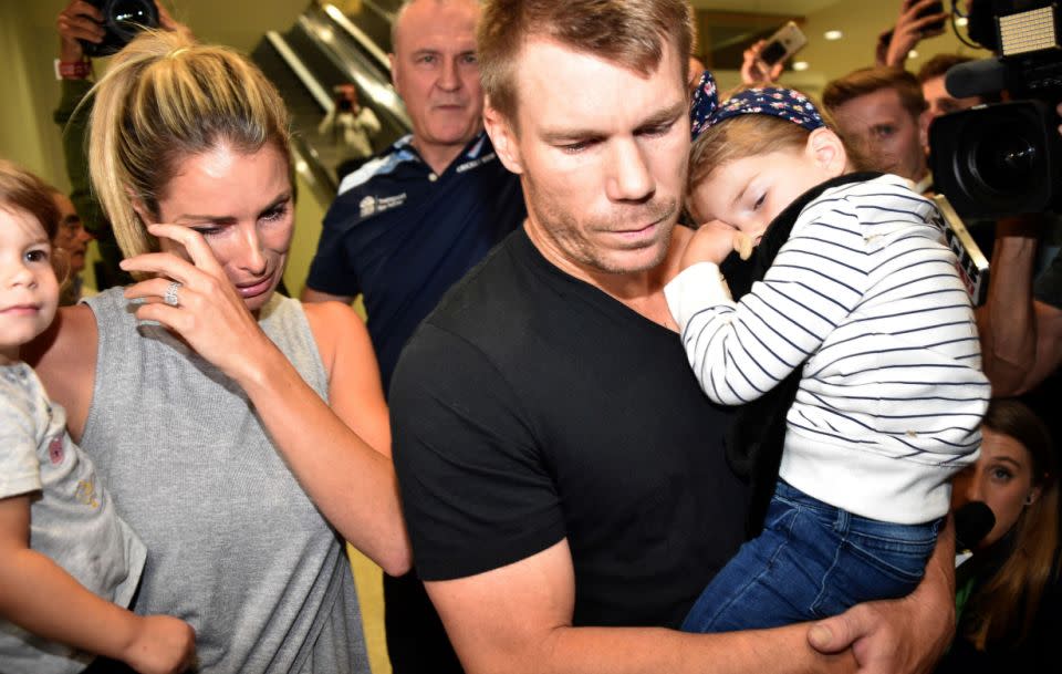 Candice broke down in tears when arriving at Sydney airport on Thursday with cricketer husband David following Australia's ball-tampering saga. Source: Getty