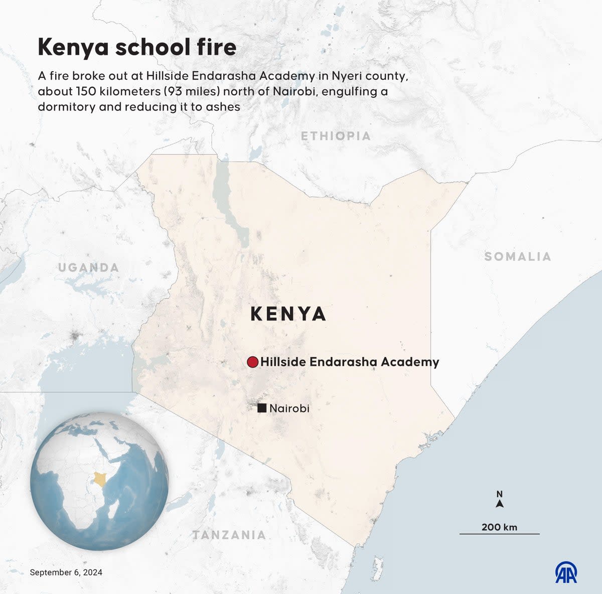 Fire broke out at a school in Nyeri, a town in the country’s central highlands around 150km north of Nairobi (Anadolu via Getty Images)