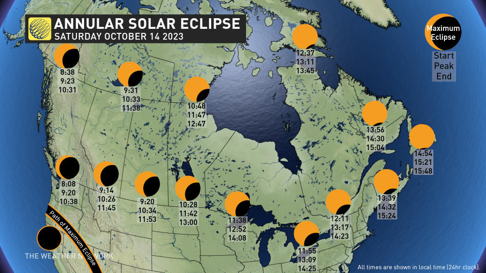 Annular Solar Eclipse Oct 14 2023 - Canada Map - Times
