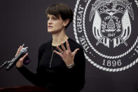 State epidemiologist Dr. Angela Dunn speaks during a COVID-19 briefing at the Utah State Capitol in responds to a question about protesters gathering outside her home on Thursday, Oct. 29, 2020, in Salt Lake City. About a dozen protestors stood across from Dunn's home Thursday morning and evening. Utahns opposed to the Utah Department of Health's mask requirements are turning their scorn from Utah Gov. Gary Herbert to a new target this week state epidemiologist Dr. Angela Dunn. (Spenser Heaps/Deseret News, via AP, Pool)