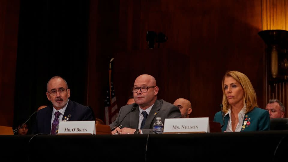 From left, UAW leader Shawn Fain, Teamsters chief Sean O'Brien and Sara Nelson, head of the flight attendants union, are seen during a Senate hearing on Capitol Hill in Washington, DC, on November 14, 2023. - Elizabeth Frantz/Reuters