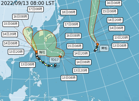 台灣東方1800公里的海上熱帶性低氣壓，預估在12至24小時內增強為輕度颱風。（圖／中央氣象局）