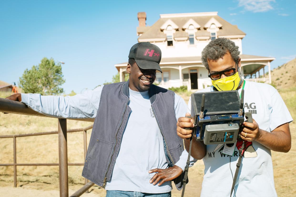NOPE, from left: Daniel Kaluuya, director Jordan Peele, on set, 2022. ph: Glen Wilson /© Universal Pictures /Courtesy Everett Collection