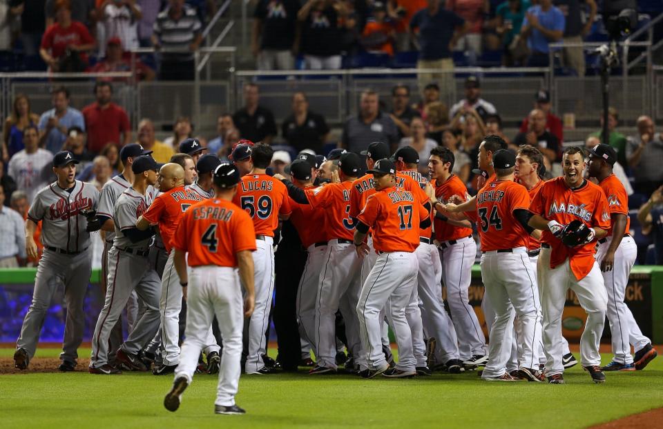 Jose Fernandez, far right, in 2013 after his homer caused the benches to clear. (Getty Images)