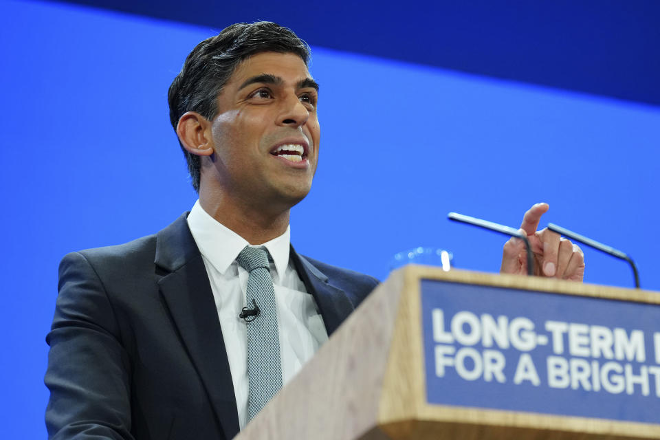 British Prime Minister Rishi Sunak speaks at the Conservative Party annual conference at Manchester Central convention complex in Manchester, England, Wednesday, Oct. 4, 2023. (AP Photo/Jon Super)