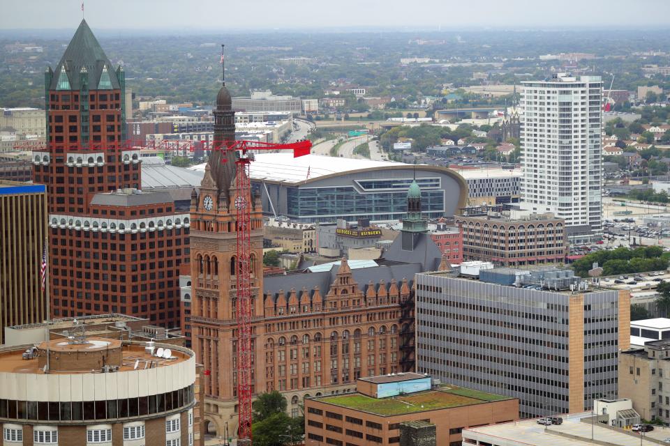 An aerial view of the The Pfister Hotel, Milwaukee City Hall and Fiserv Forum in Milwaukee.