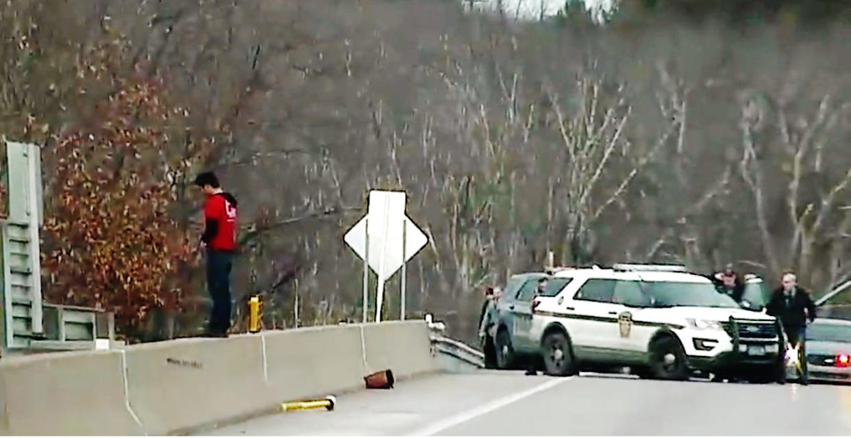 Christian Hall stands on a ledge on a highway overpass on Dec. 30, 2020.  (Pennsylvania State Police)