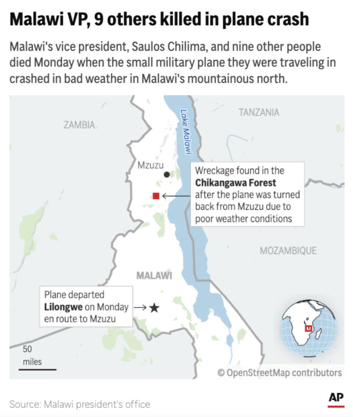 A military plane carrying Malawi's vice president and nine others crashed in bad weather Monday, killing all aboard. (AP Digital Embed)