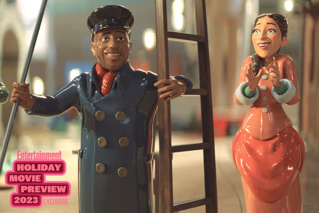 <p>Courtesy of Prime Video</p> Animated ceramic holiday figurines in 'Candy Cane Lane'