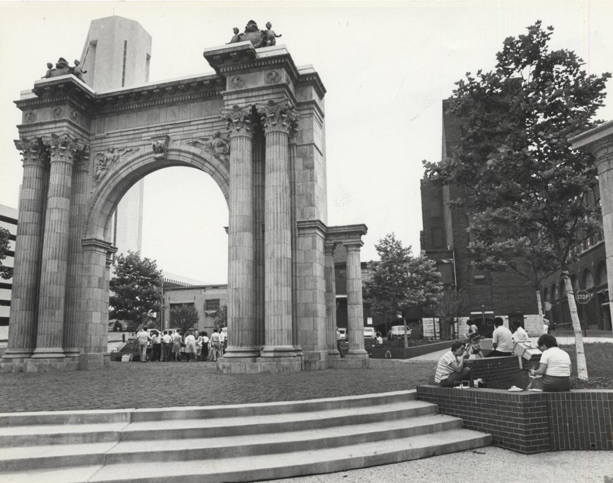 In this black and white file photo, dated June 1981, " Arch Park, at 100 W. Hickory St., was dedicated last June and features former entrance to Union Station."