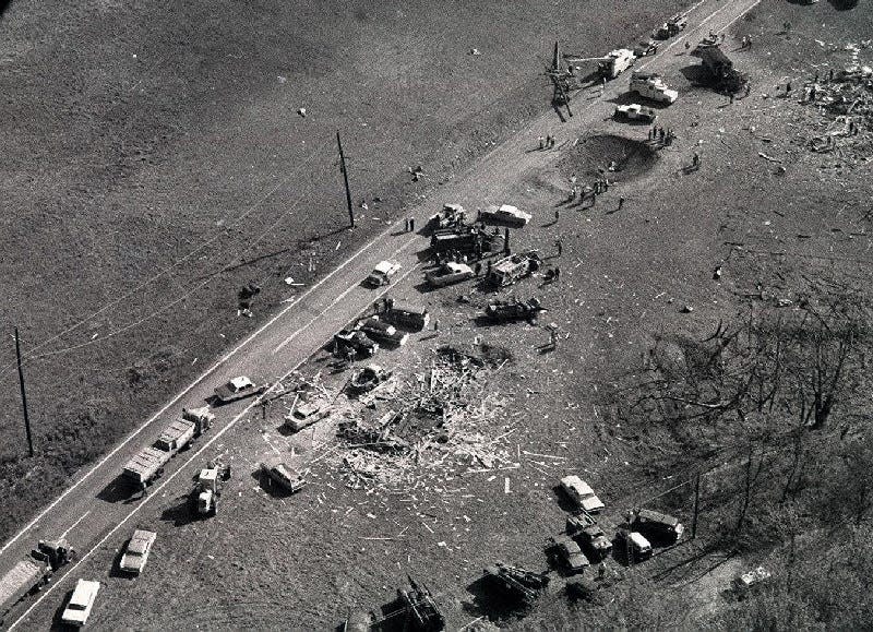 The day of the 1964 explosion in Marshalls Creek, George Arnold flew over the site and took this shot.