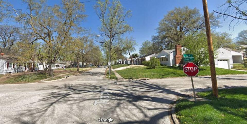 Officers responding to a shooting call Monday night found the victim with life-threatening injuries lying in the front entryway of a home near 73rd Street and Tracy Avenue in Kansas City. This Google Maps Street View image of the area is from April.