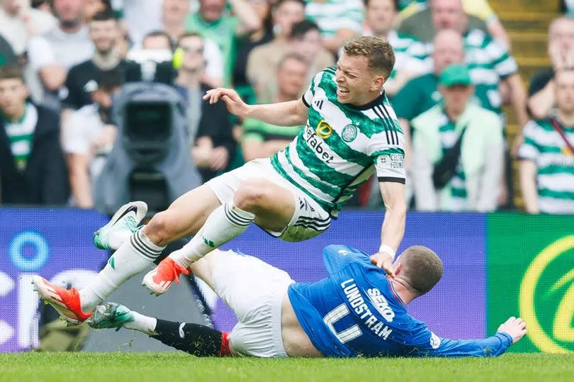 Rangers John Lundstram is sent off for a foul on Celtic’s Alistair Johnston