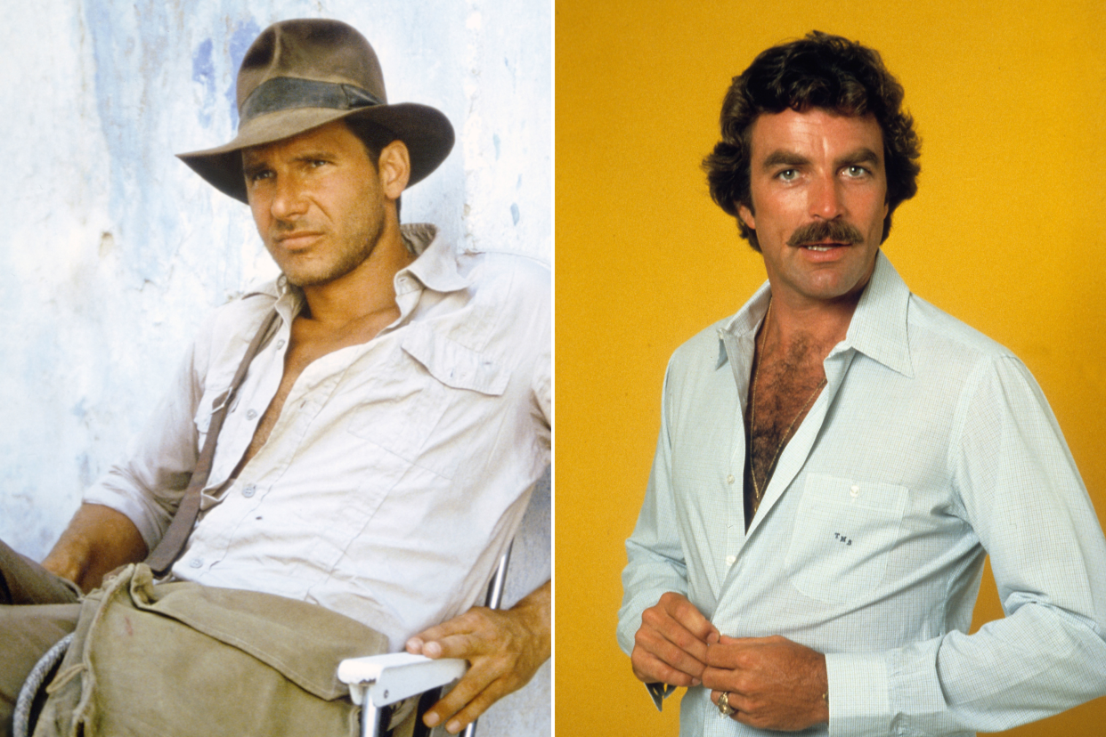 Harrison Ford on the set of Raiders of the Lost Ark and Tom Selleck in his Magnum, P.I. era. (Getty Images)