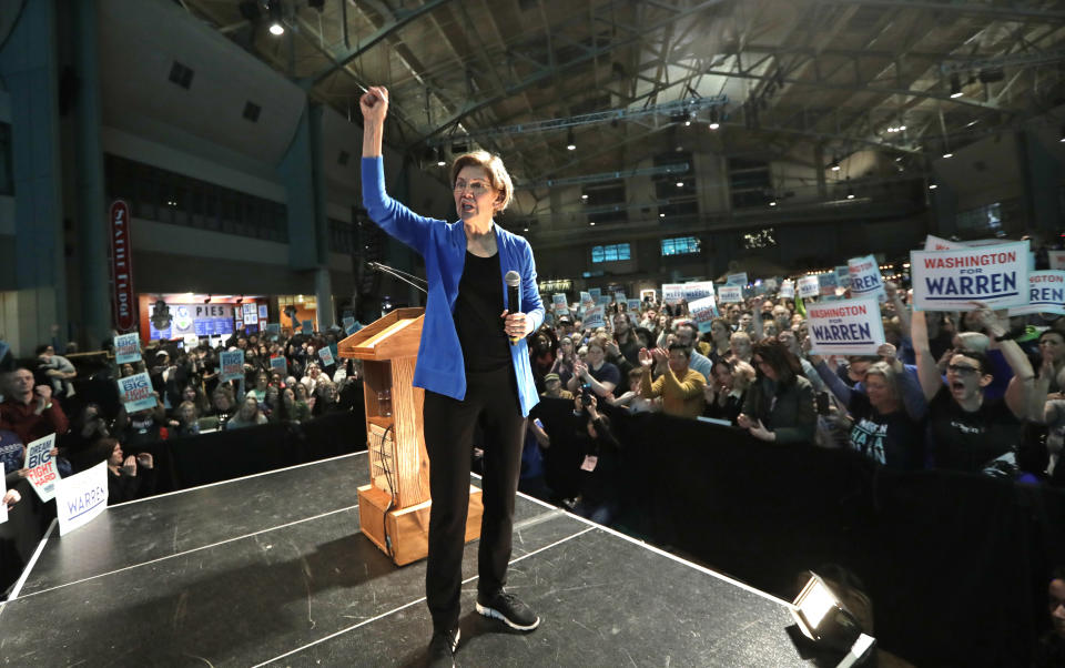 Democratic presidential candidate U.S. Sen. Elizabeth Warren, D-Mass., speaks during a overflow campaign event Saturday, Feb. 22, 2020, at the Seattle Center Armory in Seattle. (AP Photo/Elaine Thompson)