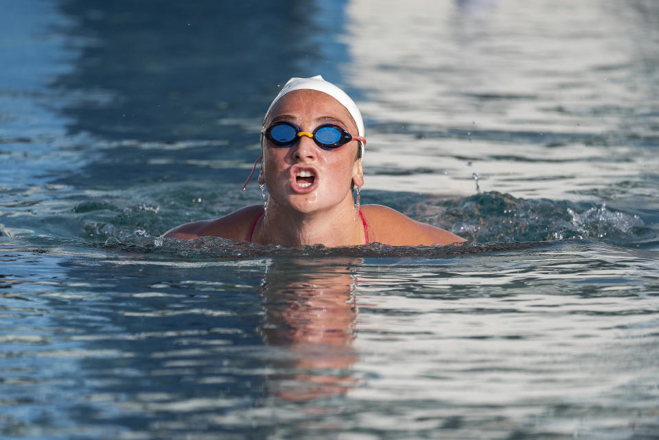 Two-time Olympic gold medalist and attacker Maddie Musselman trains with the U.S. women's water polo team at Los Alamitos Aquatics Center, in Los Alamitos, Calif., on Thursday, Jan. 18, 2024. (AP Photo/Damian Dovarganes)