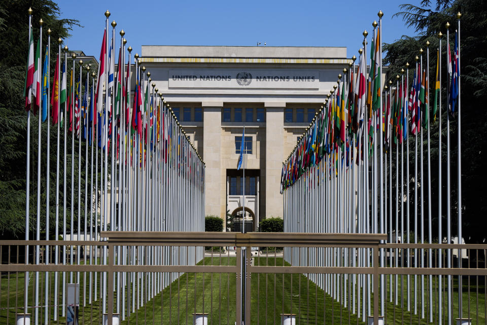 FILE - Flagpoles line in rows in front of a building of the United Nations in Geneva, Switzerland on June 14, 2021. Rights groups say that Beijing’s crackdown on dissent is becoming increasingly harsh, both within China and beyond. As the groups mark the 75th anniversary of the U.N. Universal Declaration of Human Rights on Sunday, Dec. 10, 2023 they fear that the situation is getting worse, not better, in the world’s second most populous country. (AP Photo/Markus Schreiber, File)