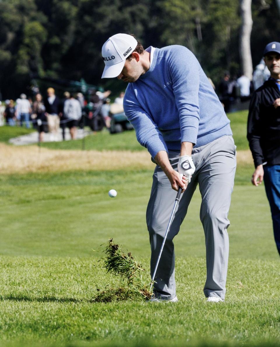 Patrick Cantlay hits out of the rough on the 14th hole during the first round of the Genesis Invitational on Thursday.