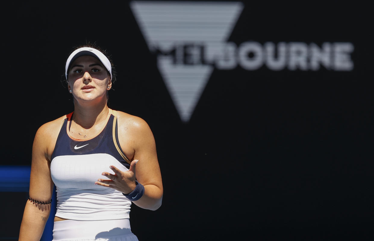 Canada's Bianca Andreescu reacts during her second round match against Taiwan's Hsieh Su-Wei at the Australian Open tennis championship in Melbourne, Australia, Wednesday, Feb. 10, 2021.(AP Photo/Rick Rycroft)