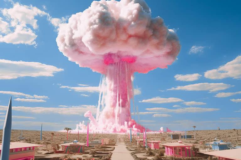 Uno de los tantos memes que circularon en redes muestra una explosión de la bomba atómica en color rosa por Barbie