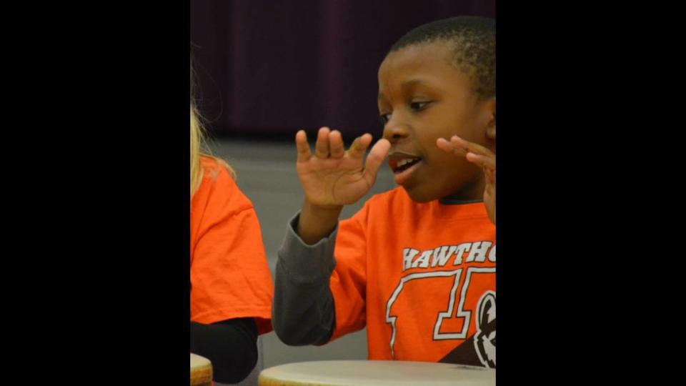 Ralph Yarl plays the drums during a music presentation while in the 3rd grade at Hawthorn Elementary School in Parkville, Missouri.