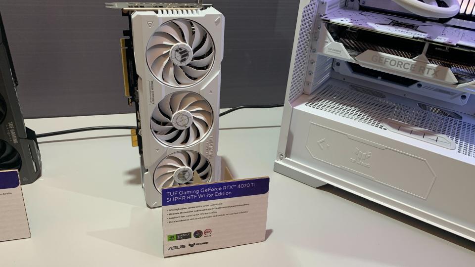 Photographs taken of Asus' BTF GPUs and motherboards at CES 2024.