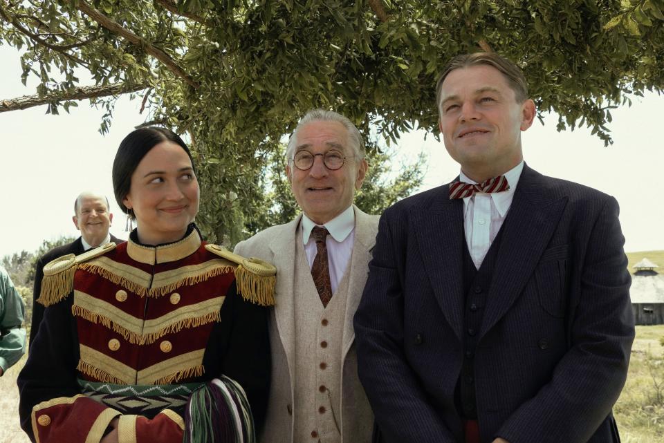 From left: Lily Gladstone, Robert De Niro and Leonardo DiCaprio in ‘Killers of the Flower Moon’