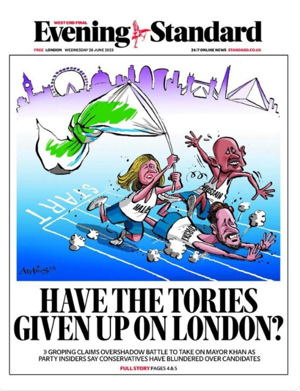 The Evening Standard front page 'Have the Tories given up on London?' (ES)