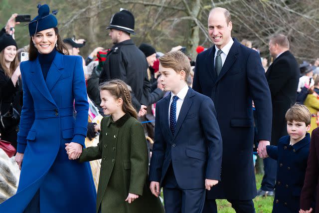 <p>Samir Hussein/WireImage</p> (Left to right) Kate Middleton, Princess Charlotte, Prince George, Prince William and Prince Louis in Sandringham on December 25, 2023.