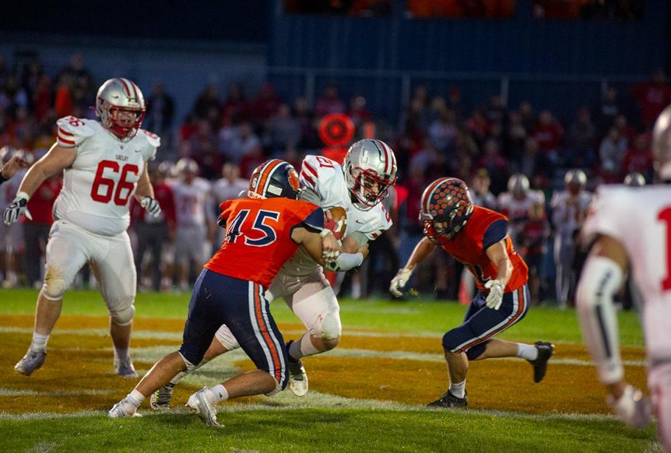 Shelby's Skyler Winters is tackled by Galion's Carson Frankhouse.