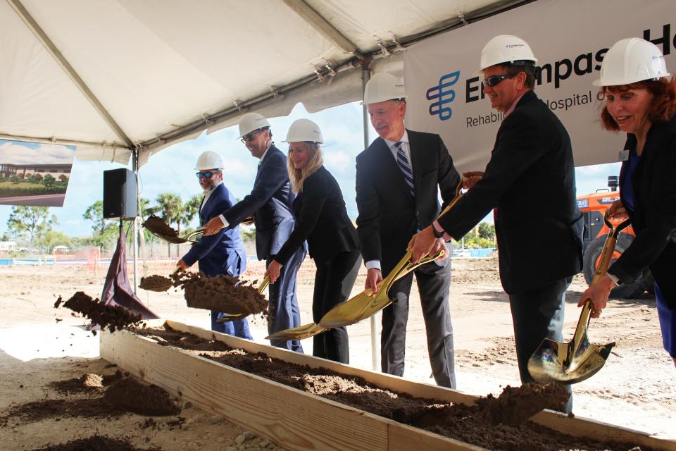 Leadership from Lee Health and Encompass Health ceremoniously celebrate the groundbreaking of the new 60-bed rehabilitation hospital on the campus of Gulf Coast Medical Center.