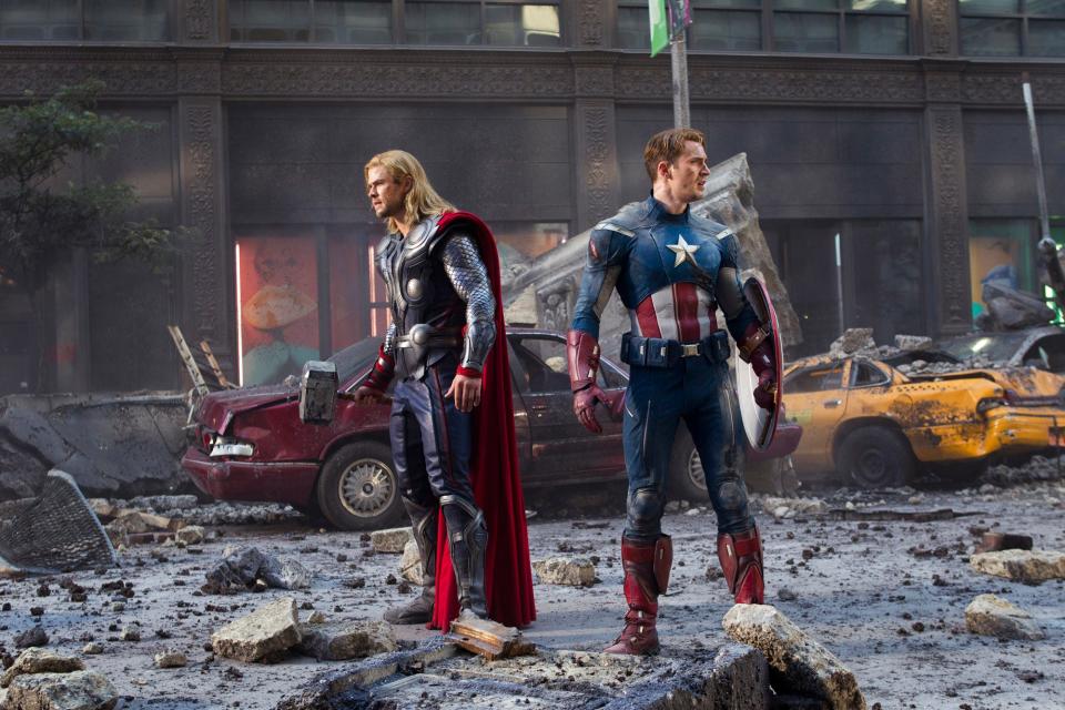 Chris Hemsworth and Chris Evans team up as Thor and Captain America respectively in "The Avengers."