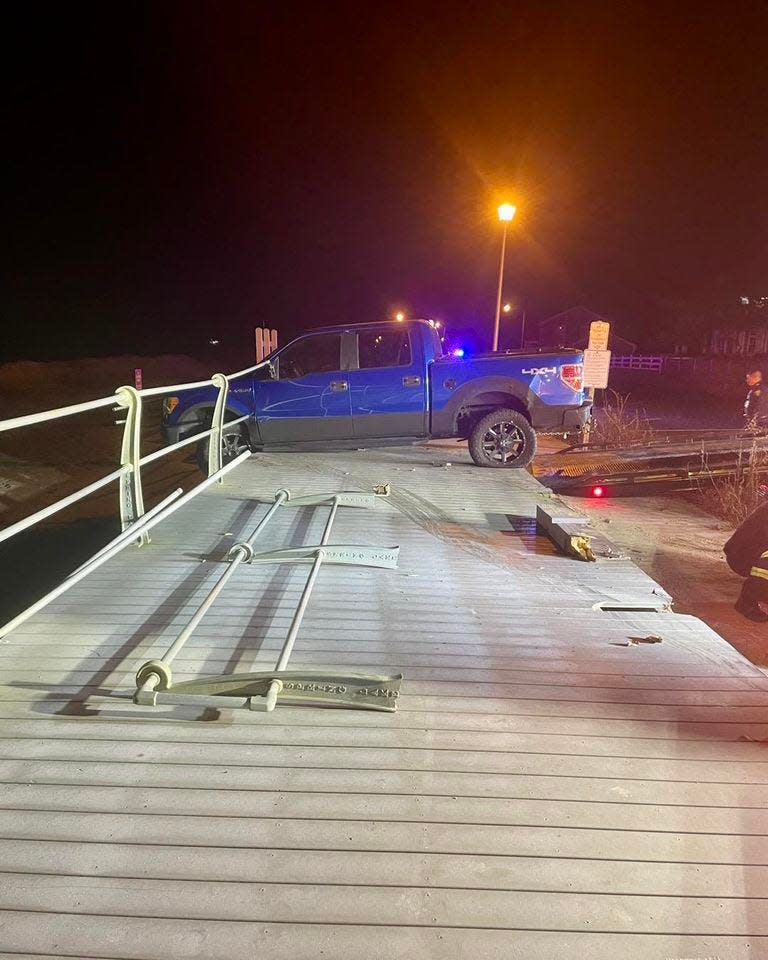 A pickup truck crashed into the Spring Lake Boardwalk overnight Sunday into Monday on Feb. 5, 2024.