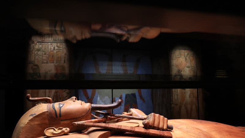 The wooden coffin of Pharaoh Ramses II is on display on Thursday, April 6, 2023, in Paris. A high school in Australia has the head of a mummy rumored to be 2,000 years old stored in its library.