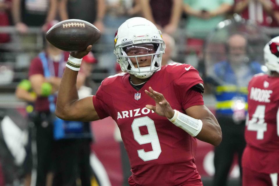 Arizona Cardinals quarterback Joshua Dobbs (9) throws a pass during the first half of an NFL football game against the Baltimore Ravens Sunday, Oct. 29, 2023, in Glendale, Ariz. | Rick Scuteri, Associated Press