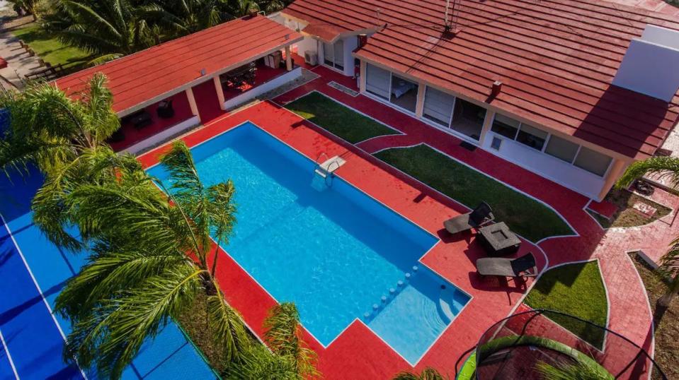 a swimming pool in a backyard