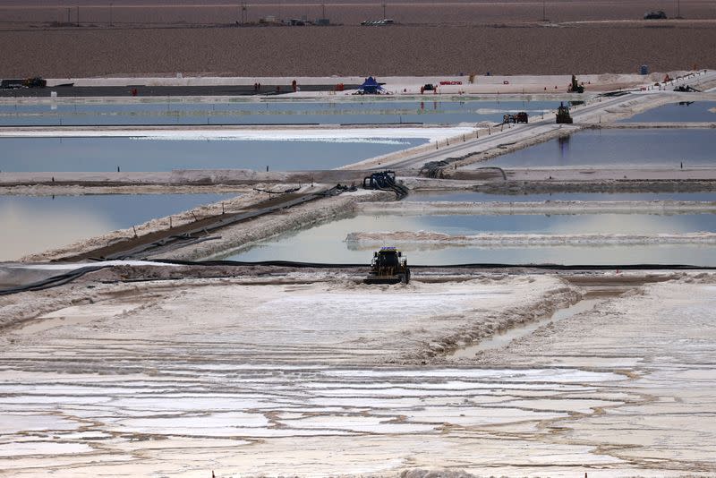 A general view shows the brine pools of Albemarle Chile lithium plant placed on the Atacama salt flat