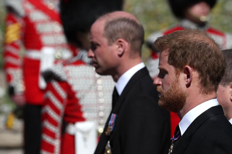 Prince William and Prince Harry attend the funeral of their grandfather Prince Philip on April 17, 2021.