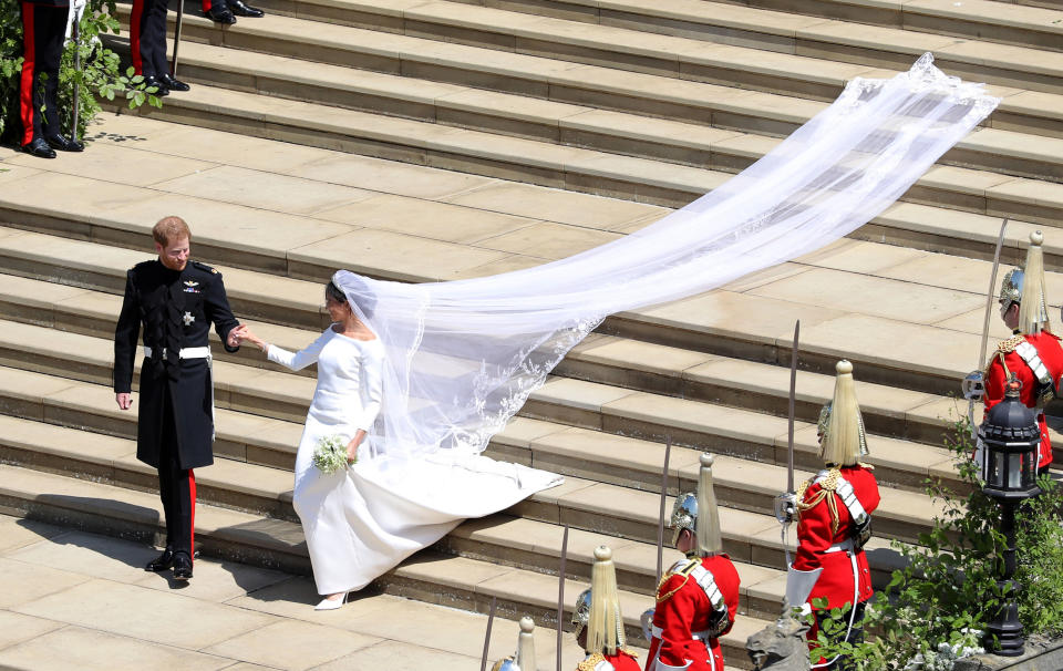 Meghan Markle stunned in her wedding dress, from fashion label Givenchy, for the ceremony. Source: Getty