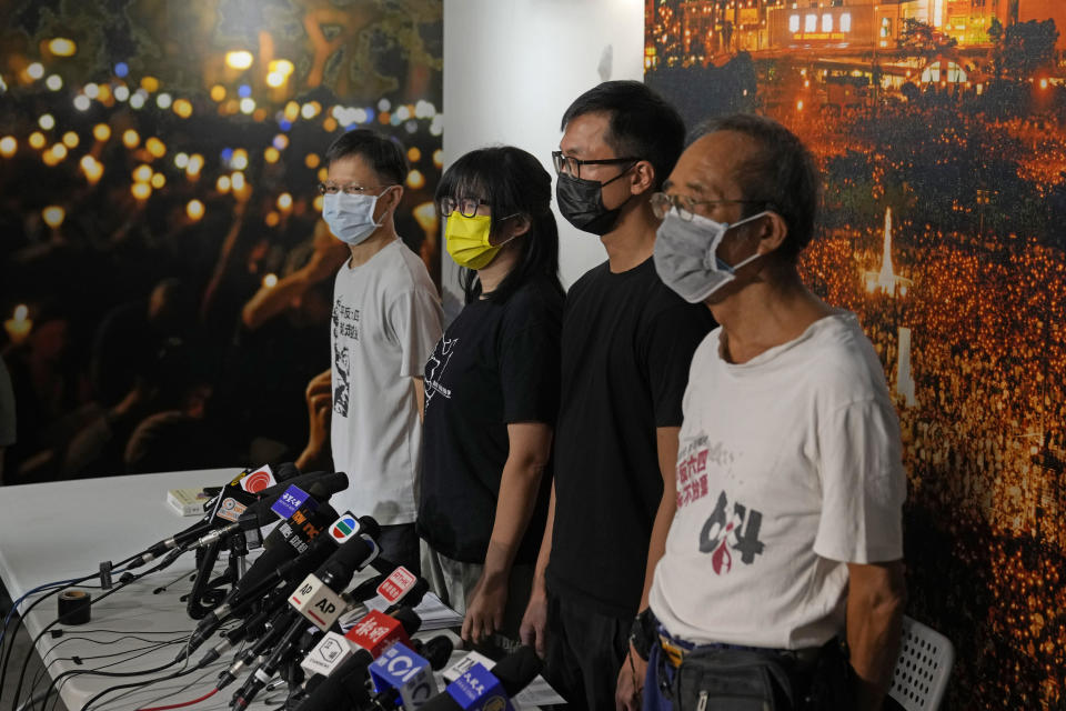 Chow Hang-tung, second from left, vice chairwoman of the Hong Kong Alliance in Support of Patriotic Democratic Movements of China, and other group members attend a news conference in Hong Kong,   September 5, 2021. / Credit: Kin Cheung/AP