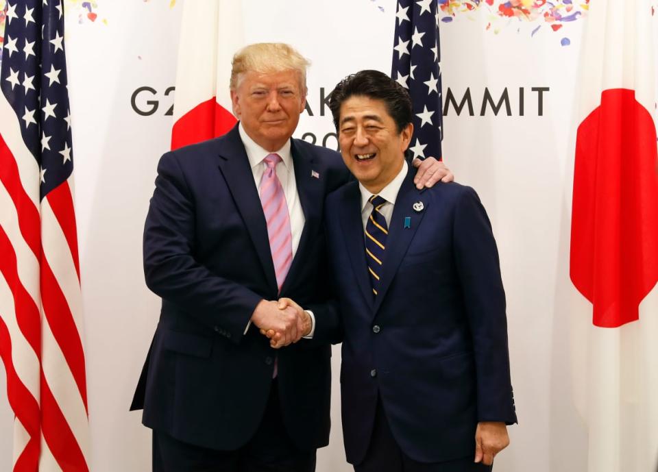 <div class="inline-image__caption"><p>Donald Trump and Shinzo Abe at the start of talks at the venue of the G20 Summit on June 28, 2019 in Osaka, Japan.</p></div> <div class="inline-image__credit">Kimimasa Mayama - Pool/Getty</div>