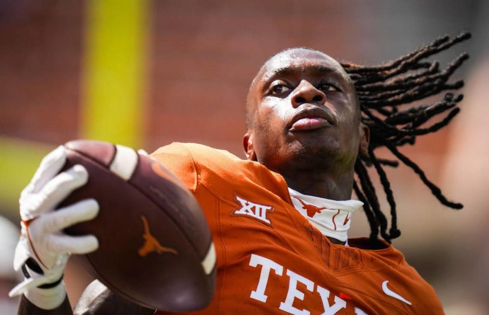 Texas wide receiver Xavier Worthy (1) warms up ahead of the Longhorns’ game against the Kansas Jayhawks on Saturday, Sept. 30 at Darrell K Royal-Texas Memorial Stadium in Austin.