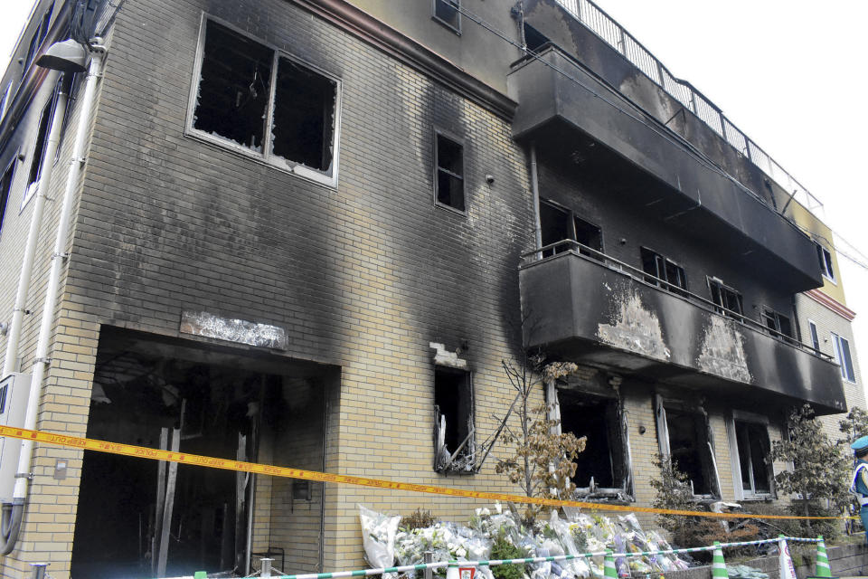 A general overview of the Kyoto Animation studio building hit by a fire on July 18, killing dozens of people, in Kyoto on July 20, 2019. - The horrifying fire at a renowned anime firm which killed dozens in Kyoto is being treated as arson and murder, Japanese police have said, with scores of detectives investigating the deadliest violent crime for decades in the famously safe country. (Photo by JIJI PRESS / JIJI PRESS / AFP) / Japan OUT        (Photo credit should read JIJI PRESS/AFP via Getty Images)