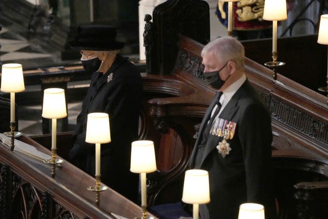 The Queen and the Duke of York during the funeral of the Duke of Edinburgh in St George’s Chapel, Windsor Castle 