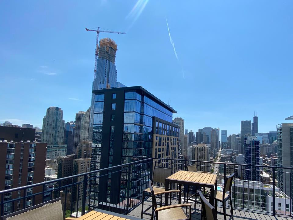 A view of Chicago's buildings from an apartment's rooftop deck