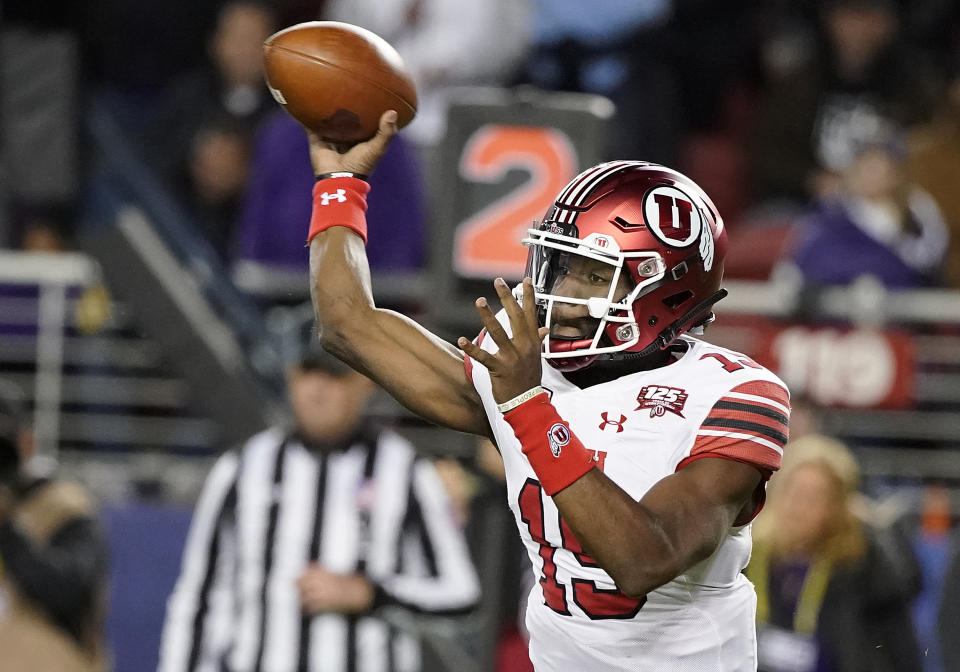 Utah quarterback Jason Shelley throws a pass against Washington during the first half of the Pac-12 Conference championship NCAA college football game in Santa Clara, Calif., Friday, Nov. 30, 2018. (AP Photo/Tony Avelar)