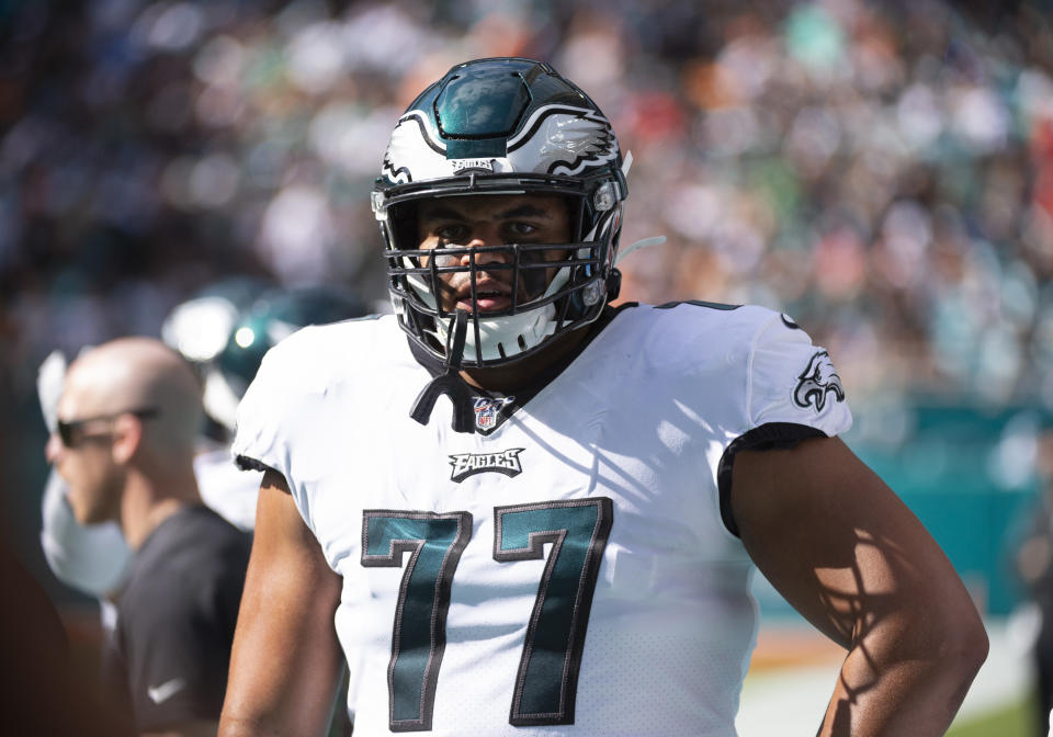 Philadelphia Eagles offensive tackle Andre Dillard struggled some as a rookie but likely will be given every shot to win the left tackle job in 2020. (Photo by Doug Murray/Icon Sportswire via Getty Images)