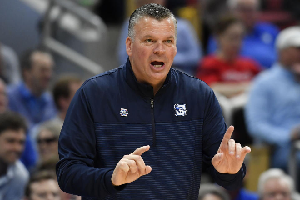 FILE - Creighton coach Greg McDermott speaks during the first half of an Elite 8 game against San Diego State, in the NCAA men's college basketball tournament March 26, 2023, in Louisville, Ky. No. 8 Creighton has its highest AP Top 25 preseason ranking in program history after going 24-13 and making a run to an NCAA regional final. (AP Photo/Timothy D. Easley, File)