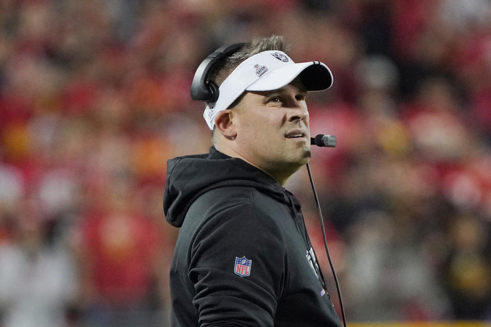 Oct 10, 2022; Kansas City, Missouri, USA; Las Vegas Raiders head coach Josh McDaniels looks on in the in the second half against the <a class="link " href="https://sports.yahoo.com/nfl/teams/kansas-city/" data-i13n="sec:content-canvas;subsec:anchor_text;elm:context_link" data-ylk="slk:Kansas City Chiefs;sec:content-canvas;subsec:anchor_text;elm:context_link;itc:0">Kansas City Chiefs</a> at GEHA Field at Arrowhead Stadium. Mandatory Credit: ​Denny Medley-USA TODAY Sports