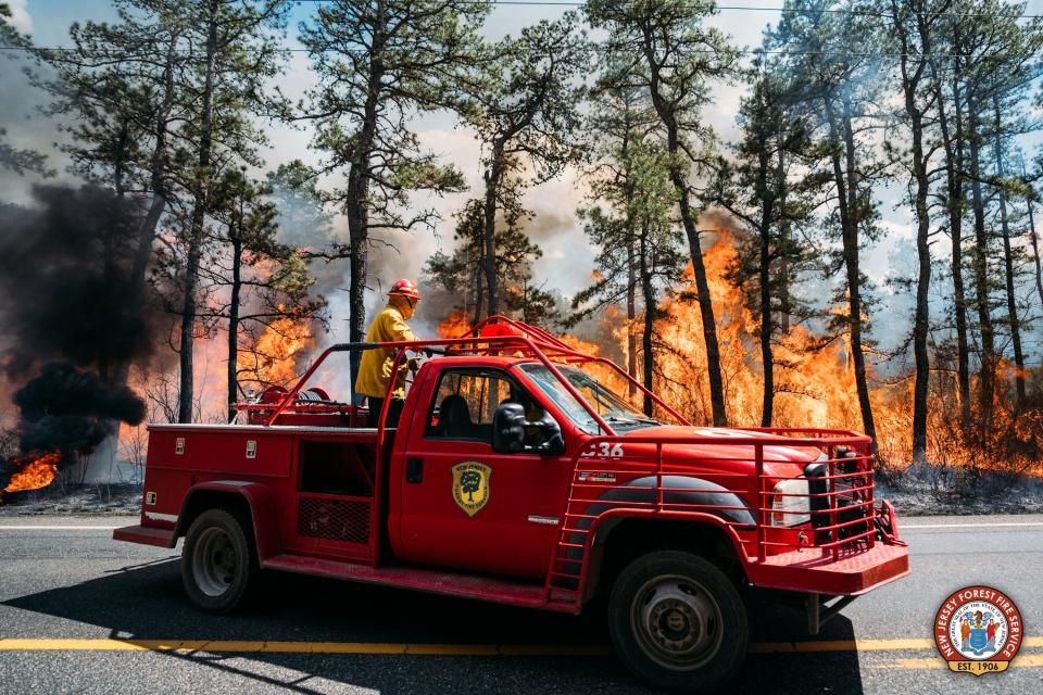 The New Jersey Forest Fire Service responds to a blaze in Wharton State Forest on Wednesday, April 24, 2024.